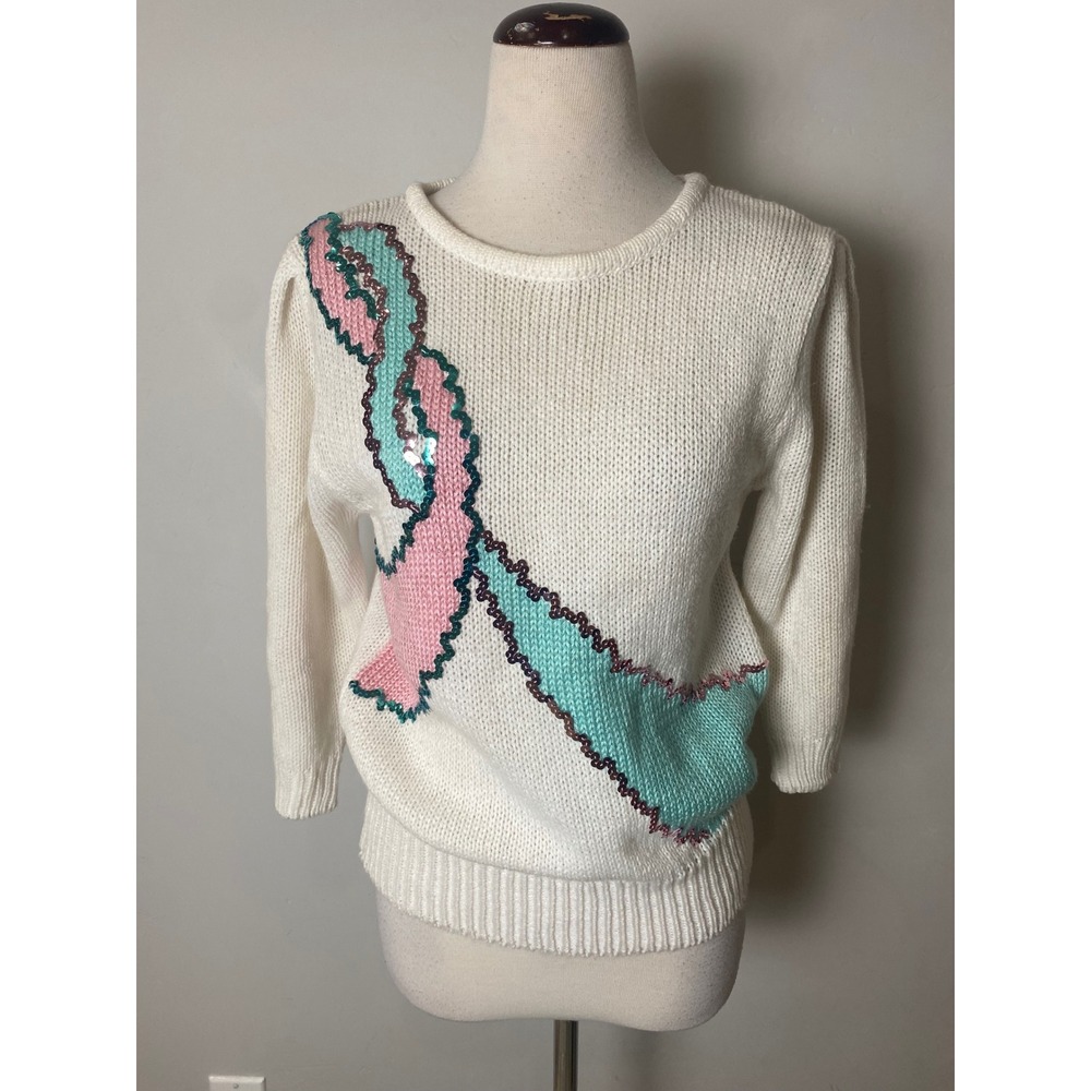 Vintage Andene White Sequin Abstract Knit Sweater 70s 80s Puff Shoulder Small